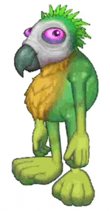 a cartoon drawing of a green and yellow parrot with purple eyes