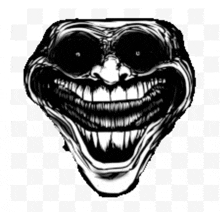 a black and white drawing of a troll face with a large smile and black eyes .