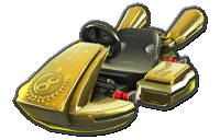 a gold go kart with the number 8 on it