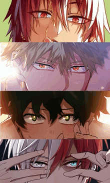 a collage of four anime characters with their eyes covered by their hands