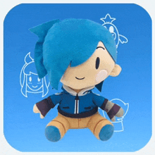 a stuffed toy with blue hair is sitting in front of a blue background