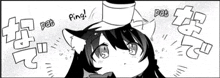 a black and white drawing of a cat girl wearing a top hat and ears .