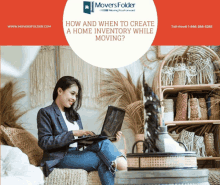 a woman sits on a wicker chair using a laptop with the words how and when to create a home inventory