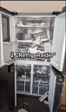 an open refrigerator with the words " refrigeraraider " on the top