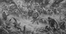 a black and white painting of a group of soldiers fighting each other in a battle .