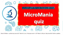 a red sign that says micromania quiz with a microscope on it