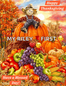 a scarecrow is sitting on top of a pumpkin surrounded by fruit and vegetables