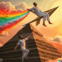 a painting of a man sitting on top of a pyramid with a rainbow coming out of it