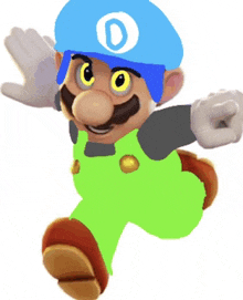 a cartoon character wearing a blue hat with a letter d on it