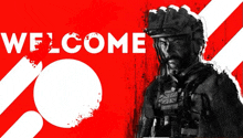 a man in a helmet is standing in front of the word welcome