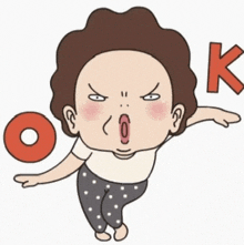 a cartoon drawing of a woman with an angry face and the letter k above her