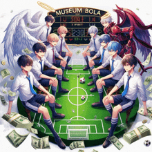 a group of anime characters are sitting around a soccer field with a sign that says museum bola