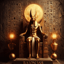 a statue of anubis sits on a throne in front of a wall with hieroglyphics