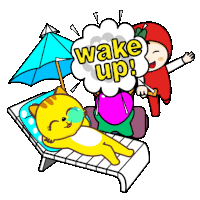 a cartoon of a cat laying on a beach chair with a wake up speech bubble