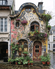 a colorful building with a balcony and potted plants on the sidewalk