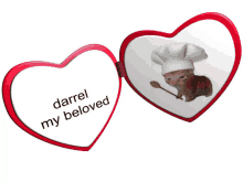 a heart shaped mirror with a picture of a cat in a chef hat and the words " darrel my beloved "