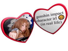 a picture of a girl with the words genshin impact character irl ( in real life ) on it