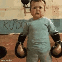 a baby wearing boxing gloves is standing in a gym .