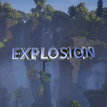 the word explosion that is in front of a landscape