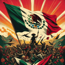 an illustration of a mexican flag with a man holding it