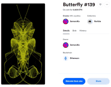 a screenshot of a butterfly # 139 on sale for 0.003 eth