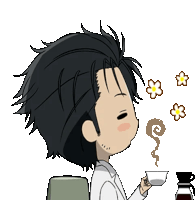 a cartoon drawing of a man drinking a cup of coffee