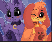 a drawing of a purple cat and an orange dog