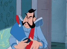 a cartoon character with a beard and mustache is holding a hat and a red tie .