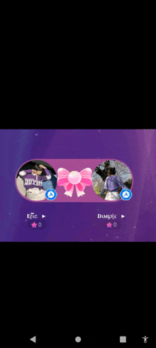 a screenshot of a video game with a pink bow and two pictures of people .