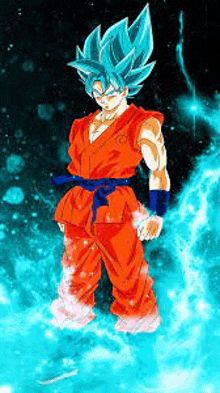 goku from dragon ball super is standing in the water with a blue background .