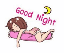 a cartoon of a girl sleeping on a pillow with the words `` good night '' written above her .