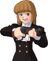 a cartoon girl is holding a gun with a red handle