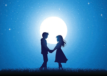 a boy and a girl are holding hands in front of the moon