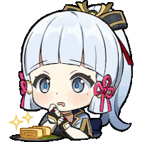 a cartoon girl with white hair and blue eyes is eating a roll