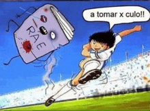 a cartoon of a soccer player jumping in the air with a book flying in the air behind him .