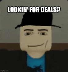 a man wearing a hat and a blue shirt is smiling and looking for deals .