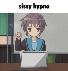 a cartoon of a girl sitting in front of a laptop with the words sissy hypno written above her