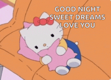 a hello kitty laying on a couch with a pink pillow and the words " good night sweet dreams love you "