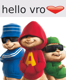 three alvin and the chipmunks wearing sunglasses and hoodies with the words hello vro above them