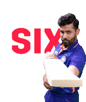 a man in a blue shirt is holding a bat and the word six is behind him