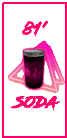 a pink and white poster with a glass of soda