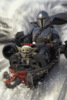 a painting of a man riding a sled with a baby yoda on it