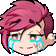 a cartoon character with pink hair and glasses is crying with tears running down his face .