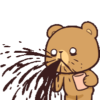 a cartoon of a teddy bear holding a cup and spitting coffee