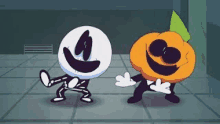 skeleton and pumpkins are dancing together in a room .