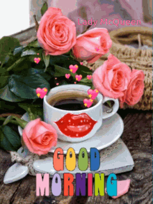 a cup of coffee surrounded by pink roses and the words good morning on the bottom