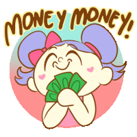 a cartoon drawing of a girl holding a fan of money with the words money money written above her