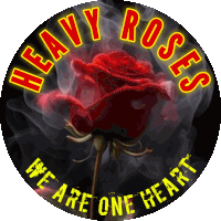 a heavy roses logo with a red rose in the middle