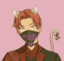 a drawing of a man with cat ears wearing a mask with a skull on it