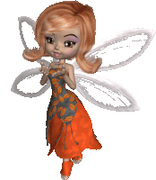 a fairy with red hair and white wings is wearing an orange and gray dress